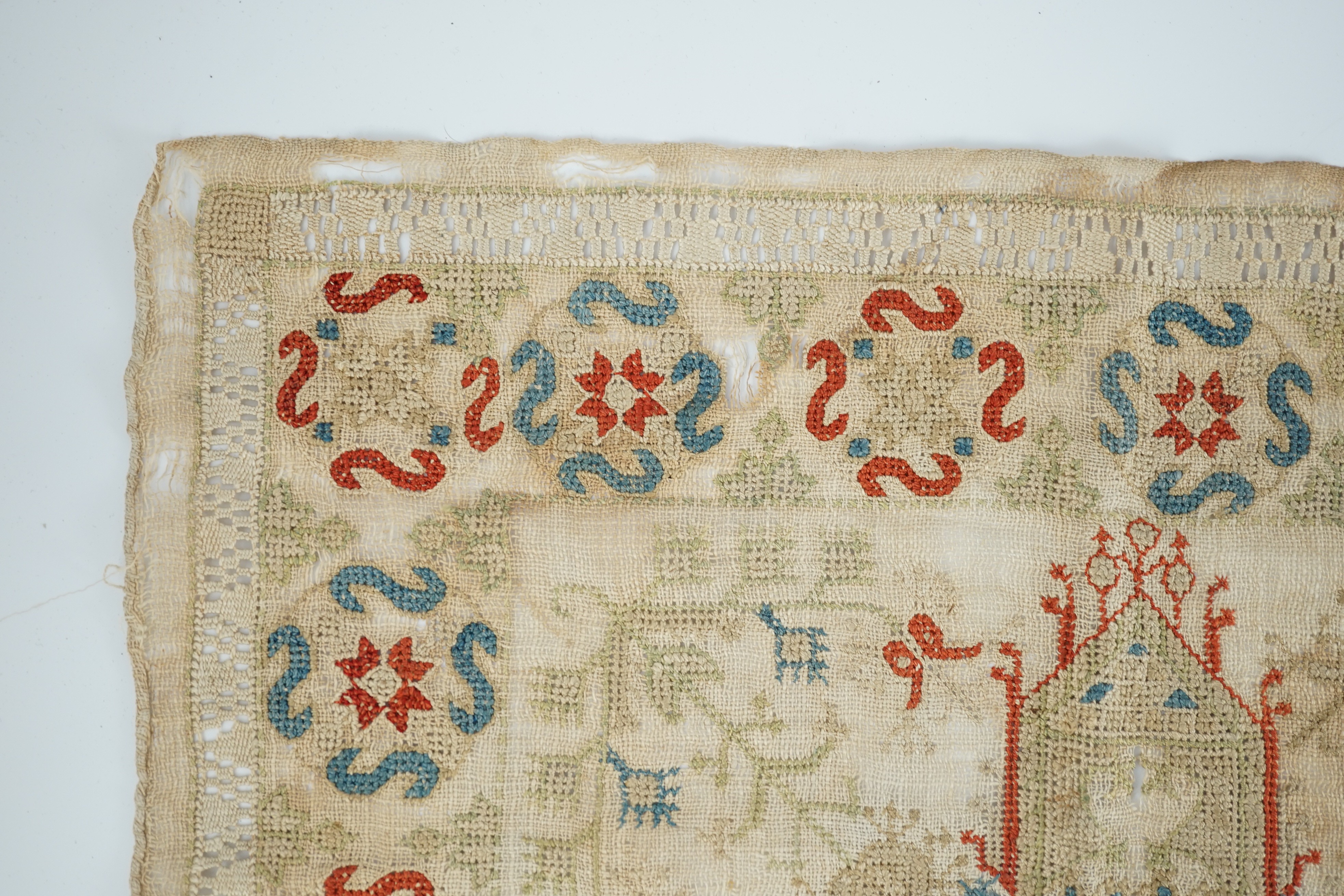 An 18th century Creton fine hand woven linen square, possibly an altar piece, 39cm sq.